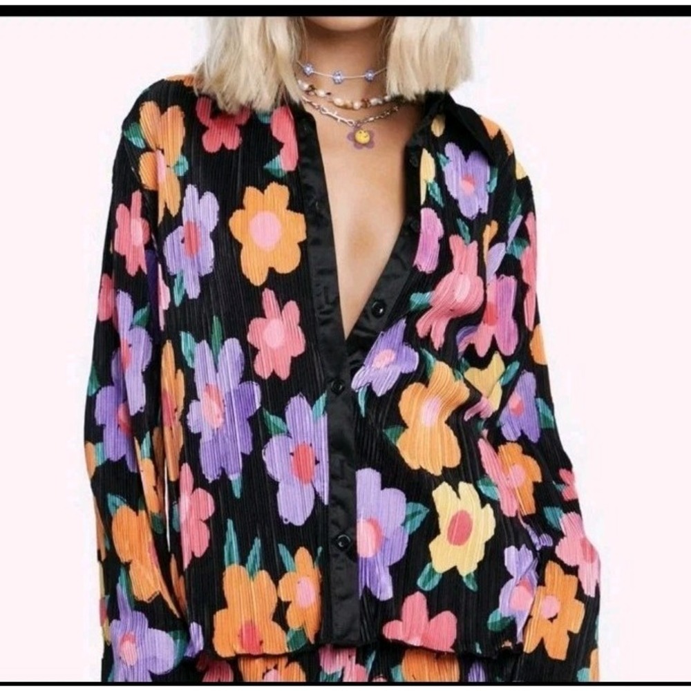 Peppermayo Flower Power Colorful Bell Sleeve Blouse Crunch‎ Pleat Sz 4 Hippie